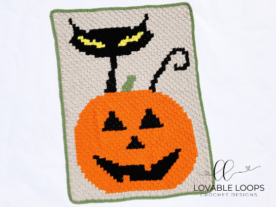 crochet halloween cat jack o lantern c2c blanket pattern
